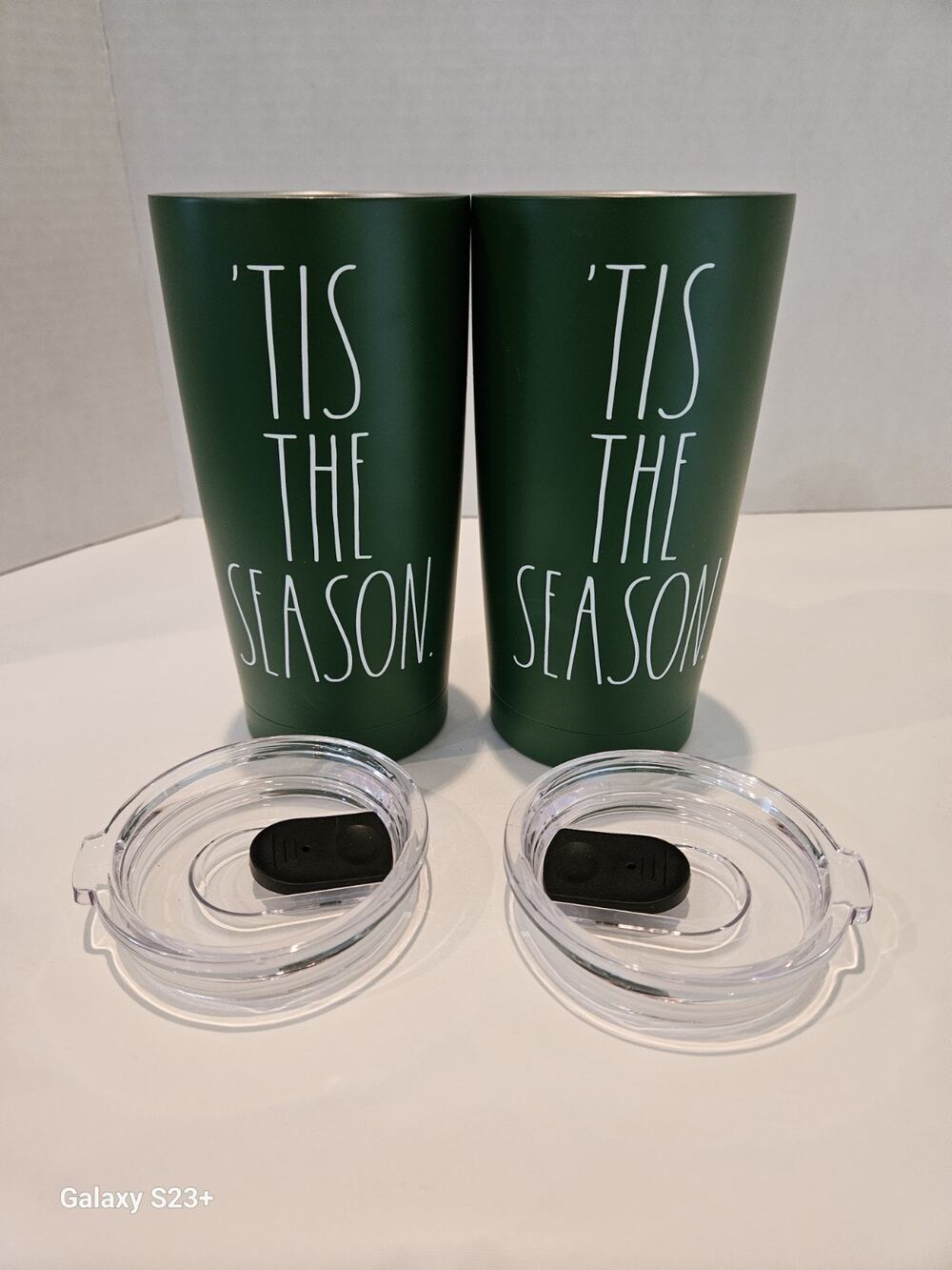 Rae Dunn 'Tis The Season' Green Vacuum Insulated 17oz Tumblers 2pc w/Lids